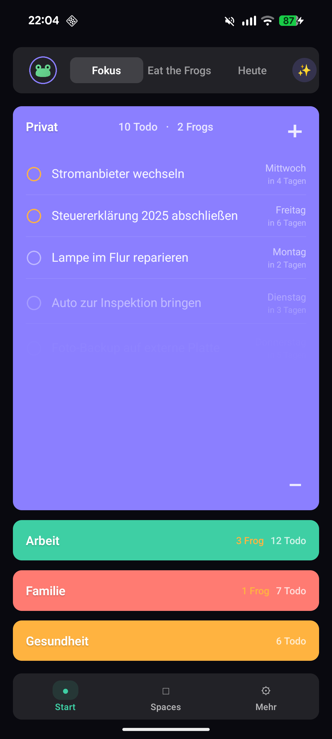 Focus Frog – Fokus-Ansicht mit Spaces und Aufgaben